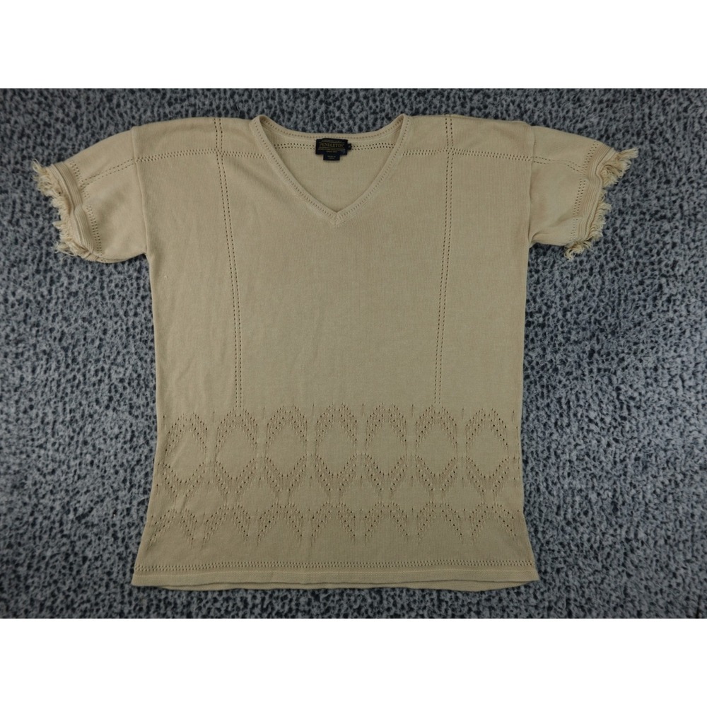Pendleton Short Sleeve Knit Top Womens Small‎ Beige V-Neck Pointelle Fringe Hem